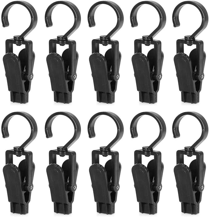 10 PCS Super Strong Plastic Swivel Hanging Hooks Home Swivel Laundry Clips Curtain Clips Clothes Pins Beach Towel Clips, 4.3inch, Black