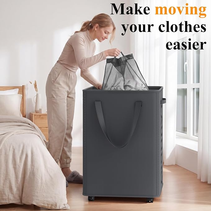 Optish 140L Laundry Hamper with Wheels, Rolling Laundry Basket with Removable Mesh Bag, Extra Large Clothes Hamper on Wheel for Bedroom, Bathroom, Dorm Room Essentials, Grey