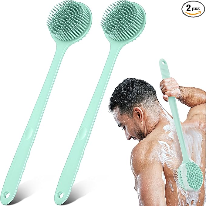 Sunnyray 2 Pack Silicone Back Scrubber for Shower with 15" Long Handle Double-Sided Bath Body Brush for Exfoliating Easy to Clean Quick Dry Deep Cleaning Lathers Well(Nordic Green)
