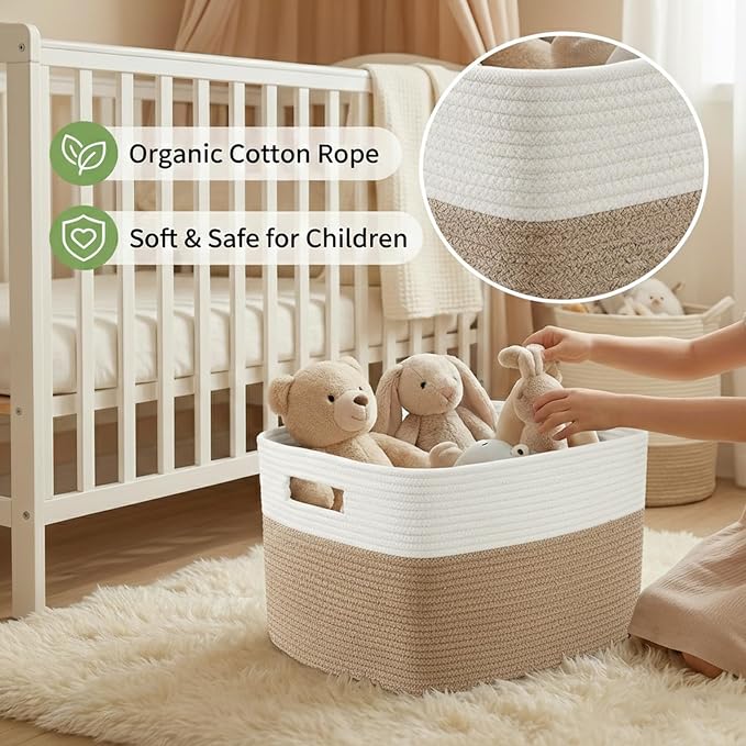 JMvicyroam 96L Large Woven Cotton Rope Blanket Basket, White&Oatmeal | Blanket storage for living room or bedroom use, Freestanding with reinforced handles, Entire basket is machine washable