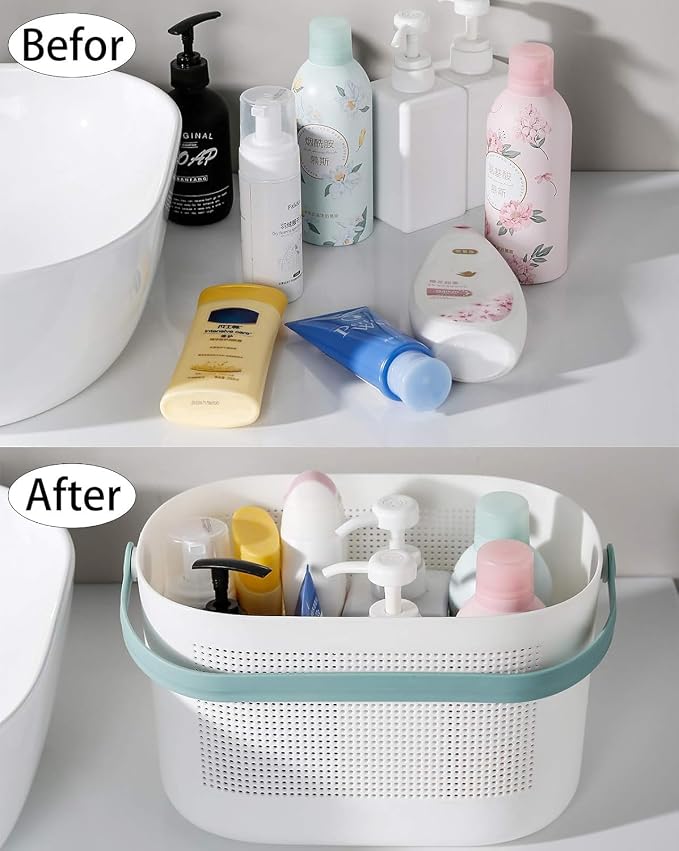 Plastic Protable Shower Caddy Basket, Storage Organizer, Green, 2 Pack | Bottom Drain Holes, Keep Dry, Sturdy and Durable, Easy to Carry for Bathroom, Kitchen, Dorm Room, RV, College