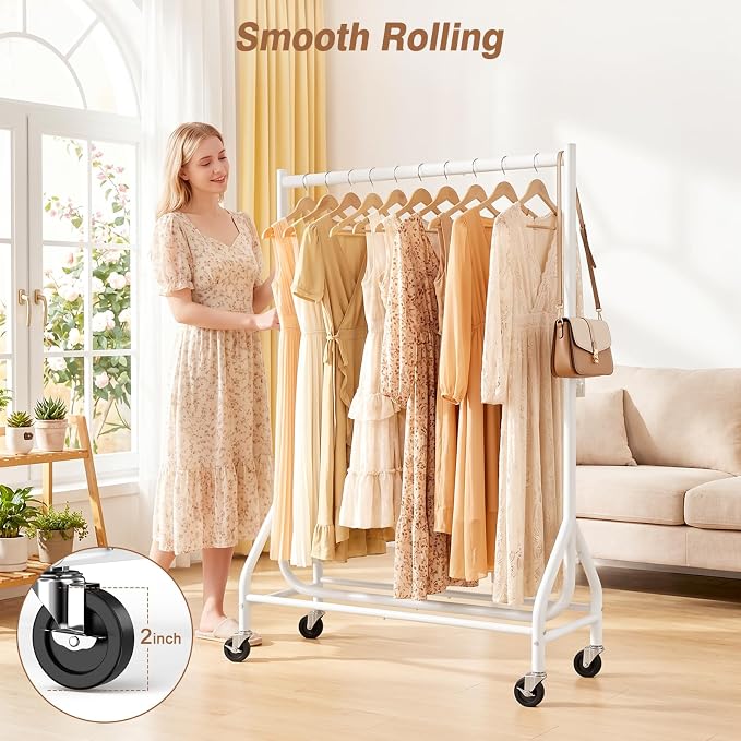 EAGMAK Heavy Duty Clothes Rack Load 268 LBS, 31.5 inch Hanging Rod, White | Metal Frame, Stable Base, Compact Size, Rolling Smooth, For Bedroom Closet Entryway Laundry Living Room Home Garage Storage