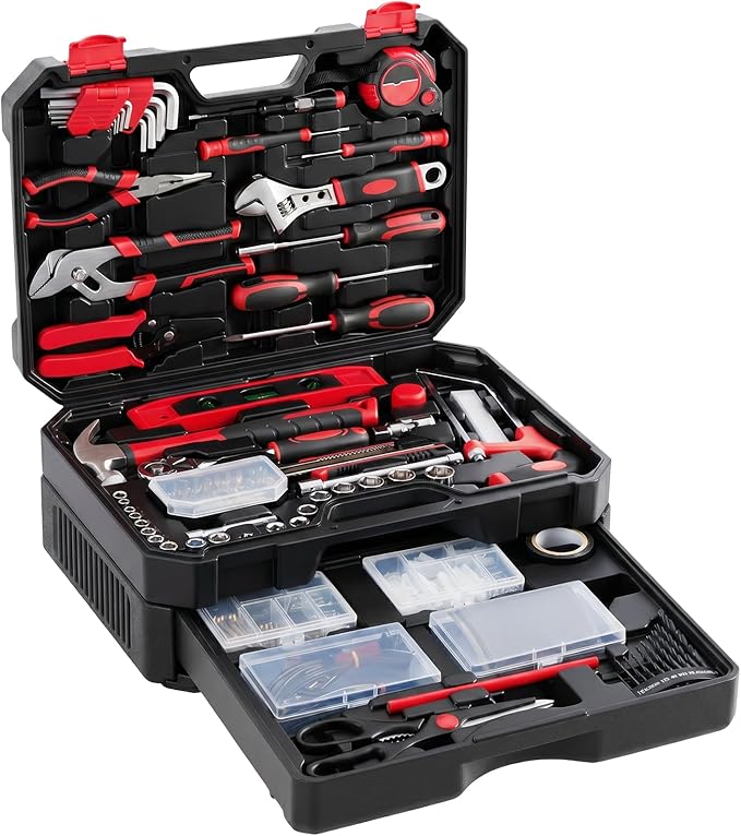 NEWBULIG 330-Piece Complete Tool Box Set, Durable Homeowners Tool Kit with Pull-Out Drawer, Versatile Home Repair Kit for Auto & Household, DIY Projects, Black-Red