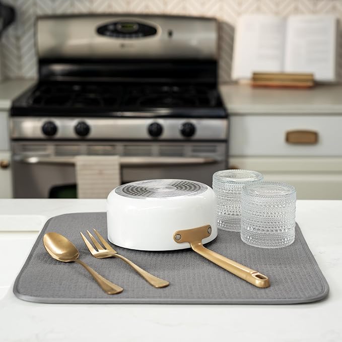 S&T INC. Dish Drying Mat, 16” x 18”, Absorbent Microfiber Kitchen Counter Mat, Dish Drying Pad for Dishes, Utensils, Pots and Pans, Large, Grey
