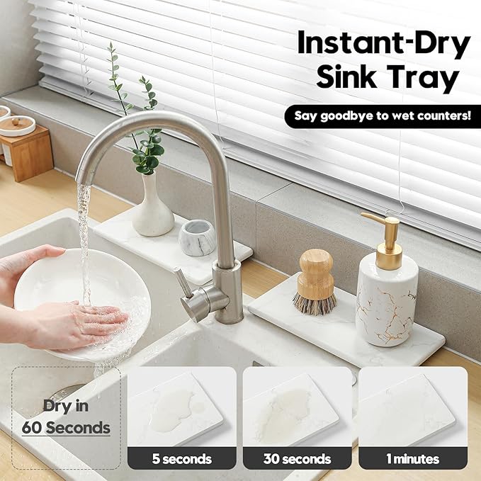 2PCS 10"x 5" Large Bathroom Sink Vanity Trays, Water Absorbing Diatomite Stone Quick Drying Mat for Kitchen Counter, Dish Rack Dispensers Sponge Holder Caddy Organizer, Marble White, 10"x 5"
