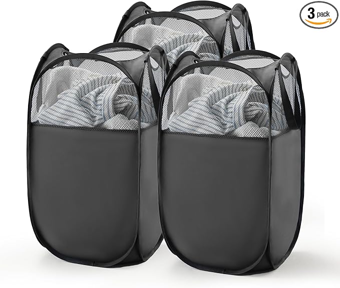 TECHMILLY Pop Up Foldable Laundry Basket, Mesh Laundry Hamper with Reinforced Handles for Dirty Clothes Storage in Dorm, Laundry Room, Bathroom, Black(Fabric), 3 Pack