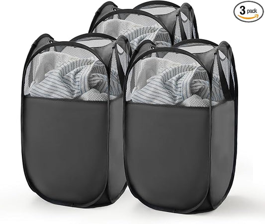 TECHMILLY Pop Up Foldable Laundry Basket, Mesh Laundry Hamper with Reinforced Handles for Dirty Clothes Storage in Dorm, Laundry Room, Bathroom, Black(Fabric), 3 Pack