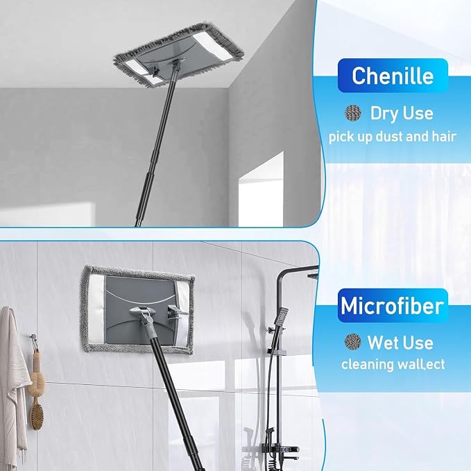 19" Wall Cleaner Mop with Long Handle for Wall Ceilings Floor Cleaning | Large Wall Duster Mop/ Microfiber Chenille Reusable Pads/Dry Wet Use for Painted Walls/Floor/ Baseboard/ Ceiling