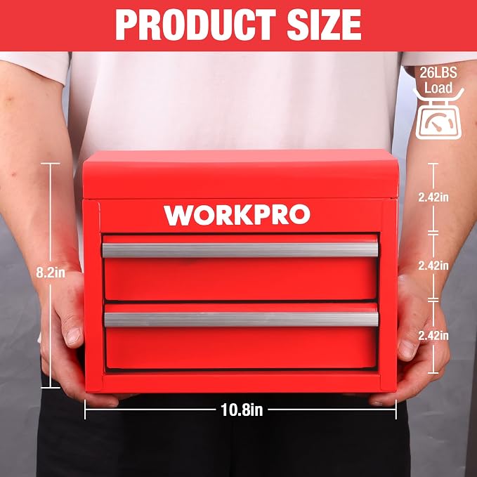 WORKPRO Metal Mini Tool Box with 2 Drawers and Top Storage | Cold Rolled Steel Toolbox, Ball Bearing Slides, PVC Drawer Liners, PP Feet Pads, Durable Storage