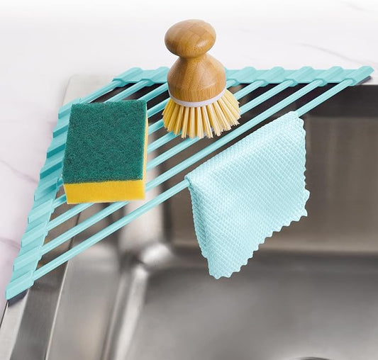 Tomorotec Roll Up Dish Drying Rack with Silicone Coating, Mint Green | 304 Stainless Steel with BPA-Free Silicone, Triangle Design Maximizes Sink Corner Space, Fits Compact Kitchens And RVs