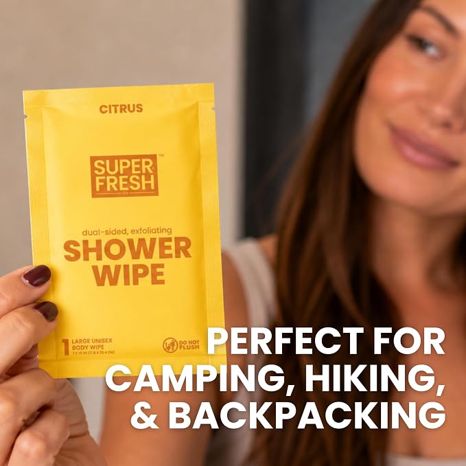 Super Fresh Shower Body Wipes, Travel Essentials for Camping, Large Citrus Wipes for Adults, Women, Men, Kids Personal Hygiene Cloth Enriched with Aloe and Vitamin E, Individually Wrapped 20 Pack