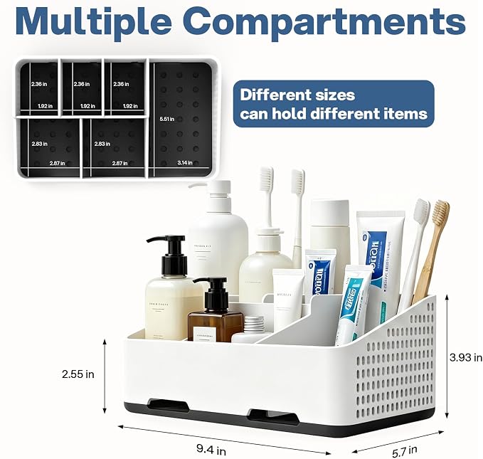 TQRR Bathroom Counter Organizer with Drainage, 6 Slots Toothbrush Holders | Detachable Design, Anti-Slip Base, Vent Electric Toothbrush and Toothpaste Holder Vanity Storage for Bathroom & Sink(Black)