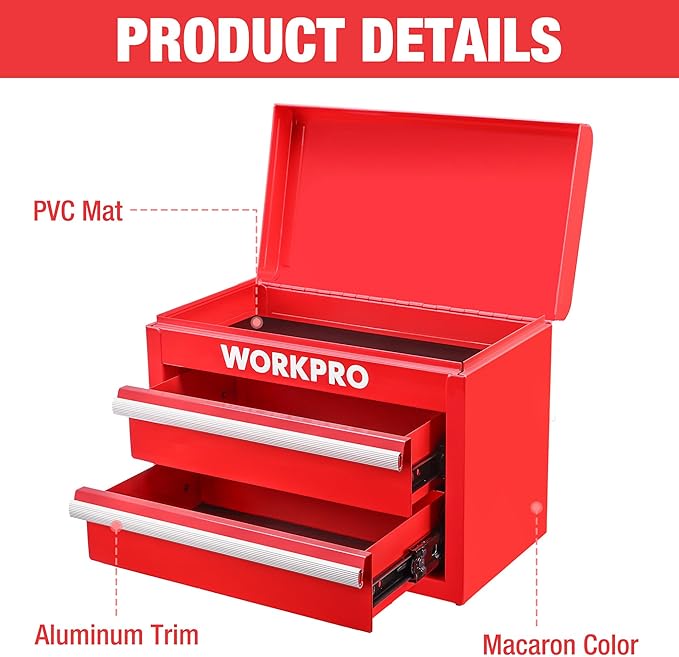 WORKPRO Metal Mini Tool Box with 2 Drawers and Top Storage | Cold Rolled Steel Toolbox, Ball Bearing Slides, PVC Drawer Liners, PP Feet Pads, Durable Storage