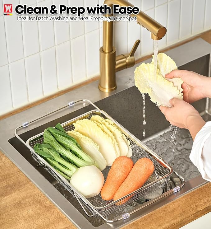 WAGENSTEIGER Extendable Dish Rack with Feet, Vegetable Colander Basket, Stainless Steel Dish or Silverware Drying Rack, Ultimate Kitchen Organizer Over the Sink (14.76 x 10.63 x 3.15 Inches)