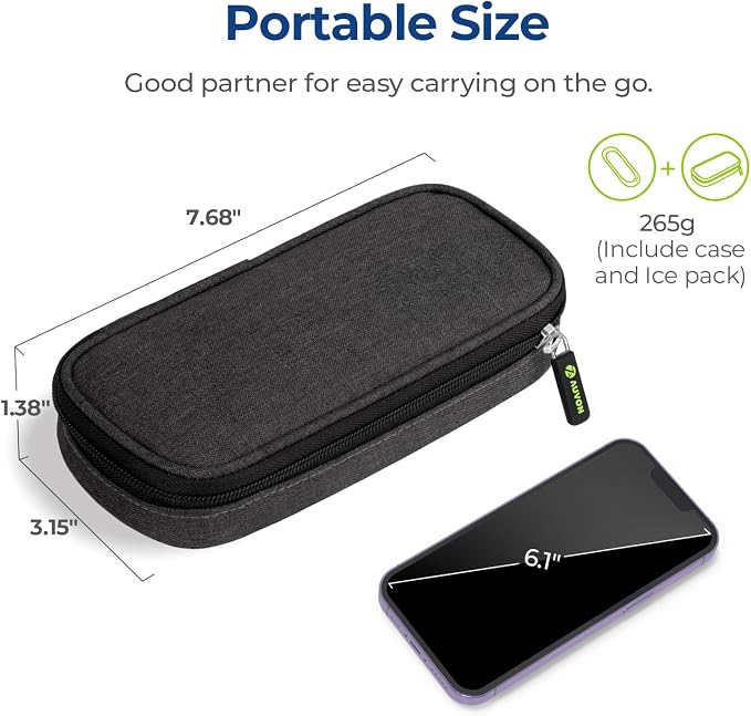 AUVON Insulin Cooler Travel Case, Diabete Care, 2x90g TSA-Approved Ice Pack | Diabetic Medication Insulated Cooling Bag for 2 Insulin Pens and Diabetic Supplies Storage, Compact for Daily Life and Trips