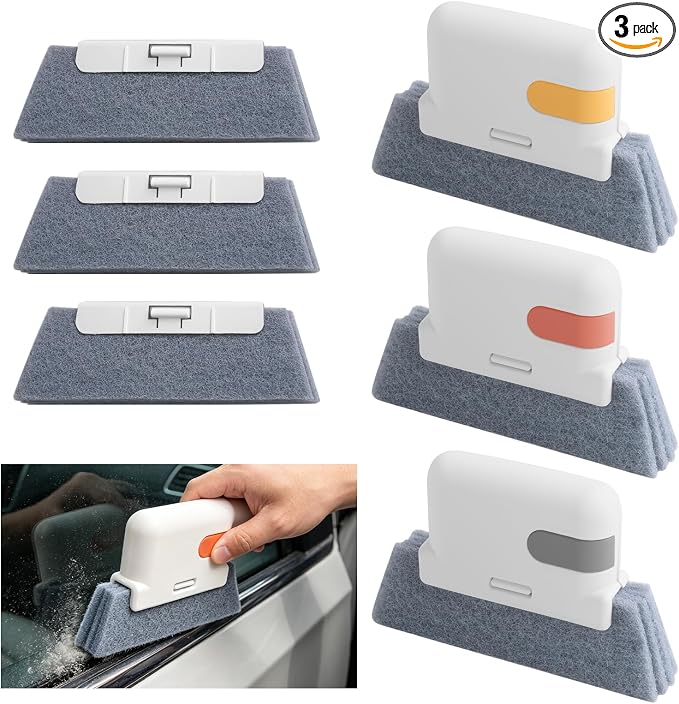 3PCS Magic Window Track Cleaner,2-in-1 Car Window Sill Cleaner Tool with Small Shovel & Comfortable Handle,Detachable Car Windows Track Cleaning Tools with Replacement Cloth