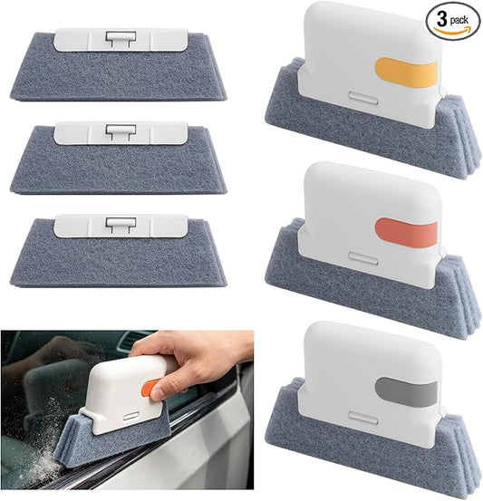 3PCS Magic Window Track Cleaner,2-in-1 Car Window Sill Cleaner Tool with Small Shovel & Comfortable Handle,Detachable Car Windows Track Cleaning Tools with Replacement Cloth