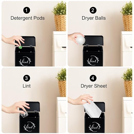 Magnetic Lint Bin for Laundry Room, Metal Lint Trash Can for Dryer | Metal construction, magnetic or wall-mounted, includes lint brush, flip lid, space-saving for laundry rooms, black finish