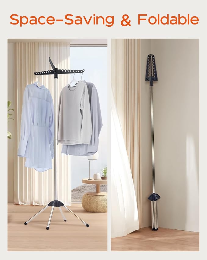 CASAMAYA Clothes Drying Rack Foldable, 59 inch Tripod Laundry Drying Rack Indoor with Rotating Clothes Rail for 27 Pieces of Clothes, Space Saving, Stainless Steel, Black and Silver CDR001B01