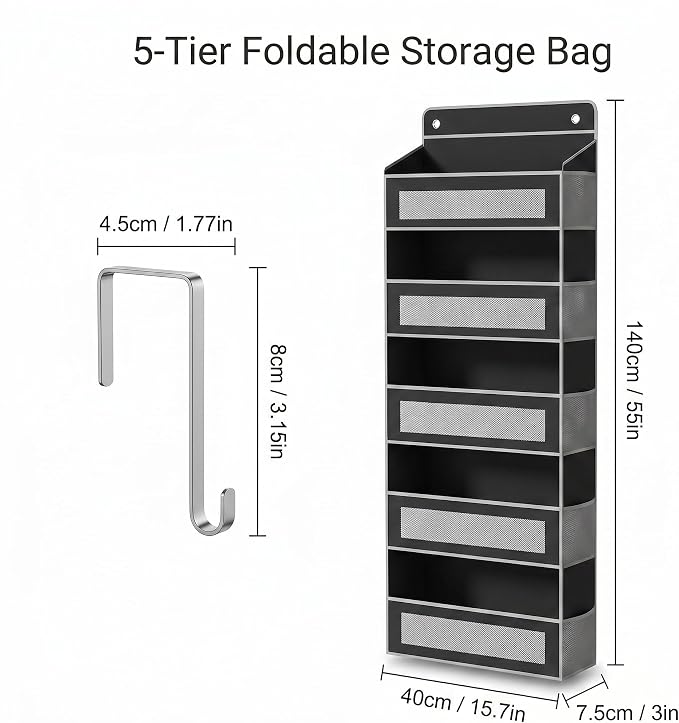 5 tier over the door organizer，behind door organizer，no drill door hanging storage for Bedroom Dorm Wardrobe Home Travel (Modern Minimalist Black)