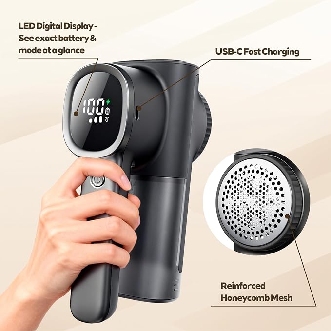 Rechargeable Fabric Shaver & Lint Remover, Electric Sweater Defuzzer with 3 Speeds, 6 Leaf Blades, LED Display & Type-C Fast Charging, Lint Shaver for Clothes, Furniture, Sweater, Couch