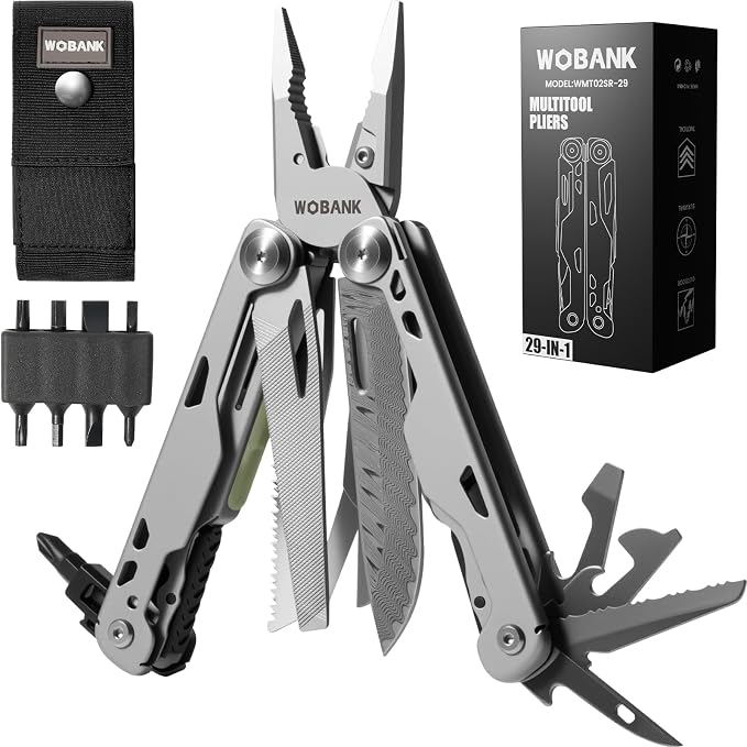 29-in-1 Multitool Pliers, Full-size, EDC Knife, Stainless Steel | Scissors, Damascus Pocket Knife, Nylon Sheath, Screwdriver Sleeve, Survival, Camping, Hiking, Repair, Practical Gift for Men
