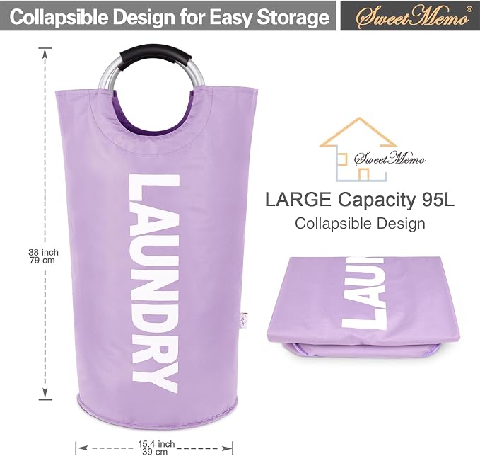 Large Laundry Basket, Laundry Hamper Bag with Handles, 95L Purple | Freestanding Tall Dirty Clothes Hamper, Collapsible and Portable Laundry Bin for Dorms and Bedrooms, Thick, Sturdy Fabric