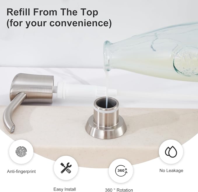 Dish Soap Dispenser for Kitchen Sink, 17 oz Bottle, Brushed Nickel | Refills From The Top, No-Leak ABS Pump, DIY Installation, 360° Swivel, Fits 1–1.5 in Sink Holes; for Dish Soap or Lotion