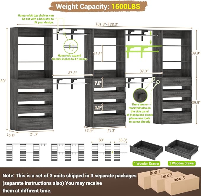 Aheaplus Closet System with 12 Drawers, 138.5" Wood Closet Organizer System with 4 Hanging Rods & Top Shelves, 6.7+4.85Ft L Shaped Corner Walk-in Closets Wardrobe Organizer Rack, Set of 3, Black Oak