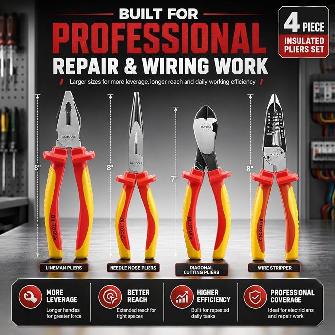 BILITOOLS High Leverage 1000V Insulated Pliers Set, Cr-Mo Electrician Tools | 8" Lineman, Needle Nose, Wire Stripper & 7" Diagonal Cutting Pliers, Multipurpose Stripping & Cutting, Electrician Tools