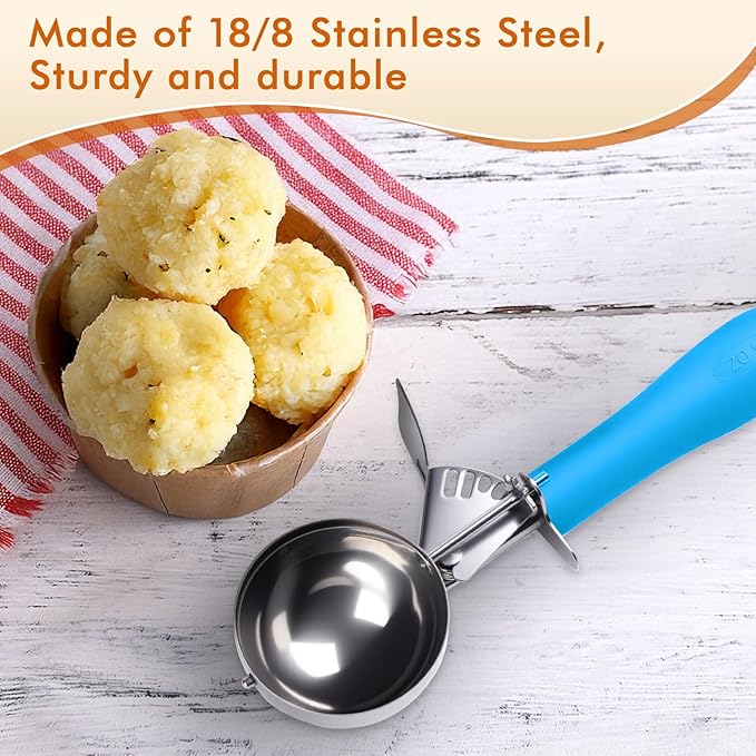 Fayomir Ice Cream Scoop with Trigger, 2 OZ Scoop, #16 Disher, Muffin Scoop, Large Cookie Scoops for Baking, Blue Handle, for Portion Control, Dishwasher Safe, Comfortable Grip