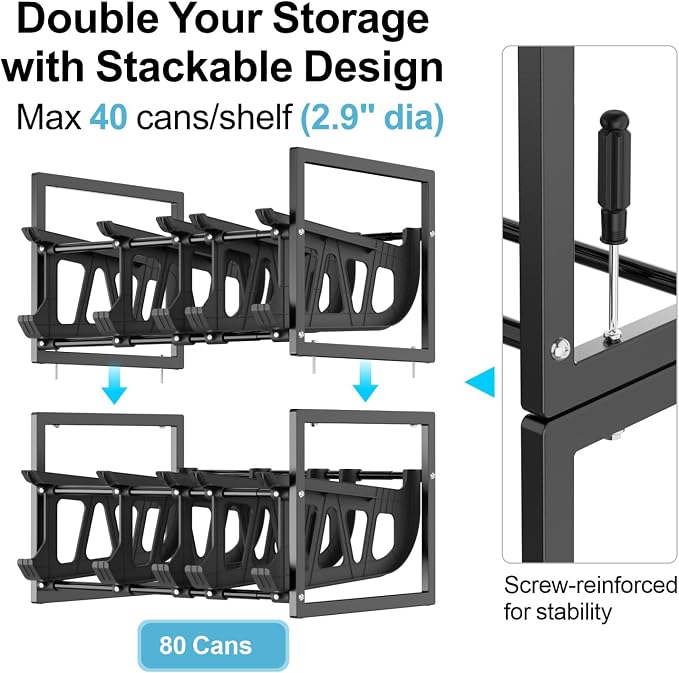 iSPECLE Can Storage Organizer Pantry - Auto-Rolling Expandable Hold 80 Cans | Stackable For Walk-in Deep Pantry Shelve, Adjustable Width for Food Cans, Sturdy Metal Frame, Easy Access & Restocking, Black
