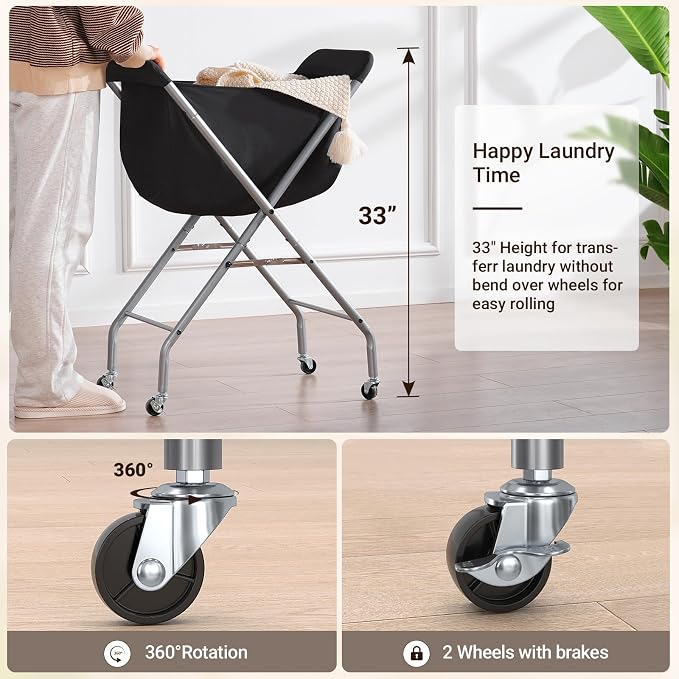 ELYKEN Laundry Basket with Wheels, Collapsible Laundry Hamper, Black | Removable Liner Bag, Foldable Design, 118L Capacity, Sturdy Metal Frame, 4 Casters, Laundry Cart for Bedroom, Laundry Room