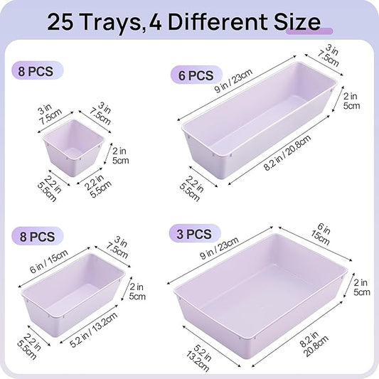 Vtopmart 25 PCS Plastic Drawer Organizers Set, 4-Size Versatile Bathroom and Vanity Drawer Organizer Trays, Storage Bins for Makeup, Bedroom, Kitchen Gadgets Utensils and Office