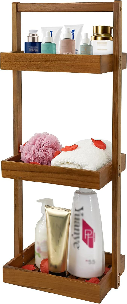 Utoplike Teak Shower Caddy Corner, Standing Organizer Shelf with Handle | 3 Tier with Handle, Wood Bathroom Stand Up Caddy Basket for Shampoo, Rack for Inside Shower, Bath, Office, Kitchen Desktop