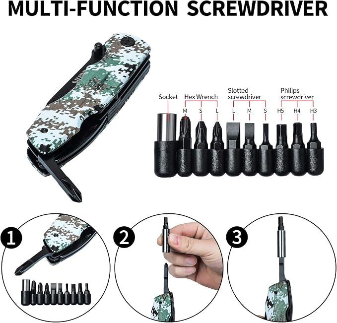 SIUPRO Multitool Pocket Knife Set for Men, Camo | Multipurpose 9-in-1 screwdriver kit, Multi Tool Pliers for Camping, Survival with Nylon Sheath, Gifts Idea