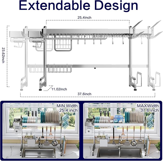 LIVOD Over The Sink Dish Drainer Drying Rack, 2 Tier Full Stainless Steel Storage Adjustable Length Kitchen Rack, Multifunctional Expandable Counter Organizer, Space Saver Dish Rack
