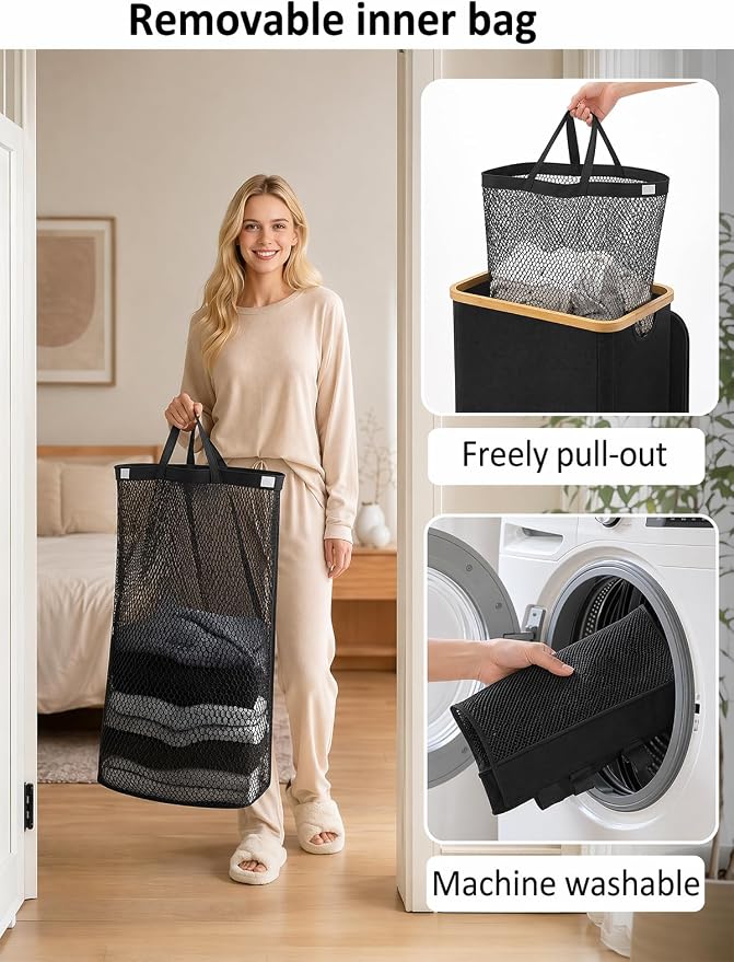 IEGrow Laundry Hamper with Lid,110L Laundry Basket with 2 Mesh Bags,Black | Dirty Clothes Hamper Basket with Bamboo Handle for Clothes Towels Organization