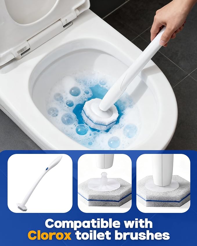 100 pack disposable toilet brush refills compatible with Clorox toilet brushes, water-activated foam, secure snap-on fit, non-scratch cleaning pads, hygienic disposable brush heads