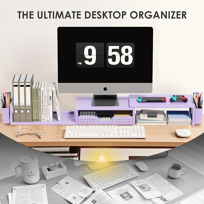 OPNICE Desk Organizers and Accessories, Dual Monitor Stand Riser with Drawer and 2 Pen Holders, Desk Shelf Computer Racks for Office Workspace Organizers, Desktop Organization (Purple)