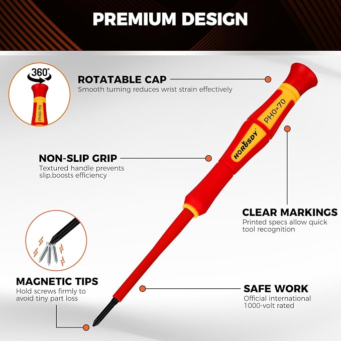 HORUSDY 12-Piece Precision Screwdriver Set, 1000V Insulated Electrician Screwdrivers with Magnetic Tips & Rotatable Top Cap, Phillips PH0/PH00, Slotted 1.8–3mm & Torx T5–T10 with Portable Storage Bag