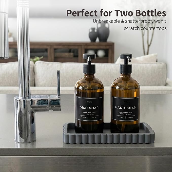 Small Silicone Bathroom Vanity Tray, Sink Caddy for Dish Soap Dispenser, Sponge Holder for Kitchen Sink, Rectangle Bathroom Countertop Organizer for Perfume, Jewelry, Candle (7.9” * 4”, Dark Grey)