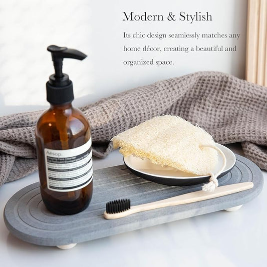 Instant Dry Sink Caddy Organizer – Water Absorbing Stone Tray for Kitchen Bathroom Countertop, Fast Drying Sink Caddy (with Wooden Feet and Natural Loofah, Gray)