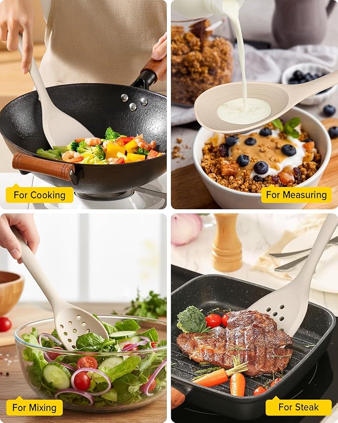 Pack of 4 Silicone Cooking Utensils Set, Non Stick Solid Spatulas and Heat Resistant Slotted Spoons with Back Hooks, Ideal BPA Free Kitchen Utensils Set for Frying,Serving,Turning,Stirring(KHAKI)