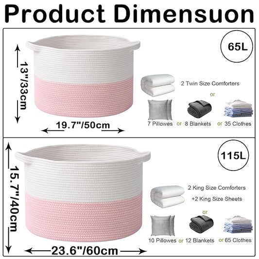 65L Large Pink Woven Cotton Rope Basket with Handles, Kids Nursery Laundry Hamper for Toys, Blankets, Pillows & Comforters, Cute Storage Bin for Bedroom & Playroom