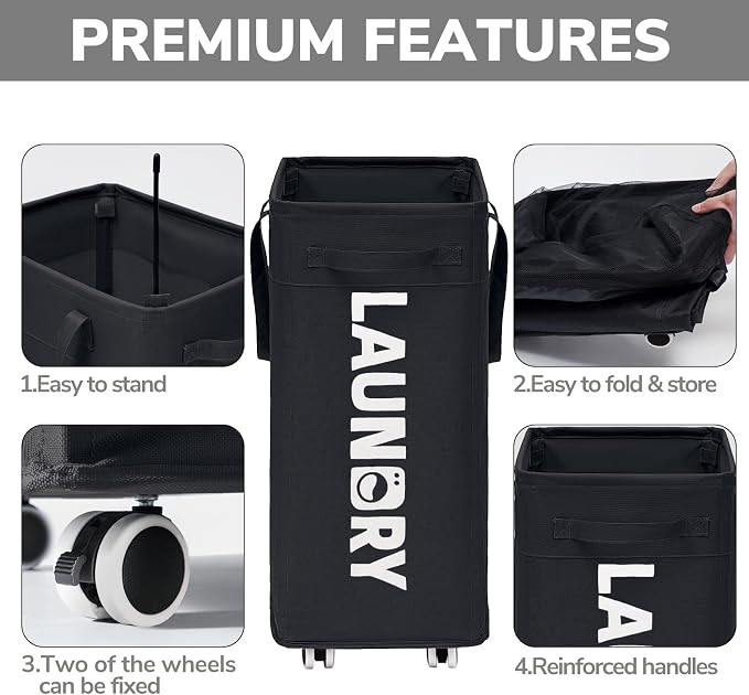Goodpick 75L Dirty Clothes Hamper with Removable Wash Bag, Rolling Hamper | Black Laundry Hamper with Wheels, Large Laundry Basket with Handles for Dorm Laundry Room, Rolling Laundry Basket