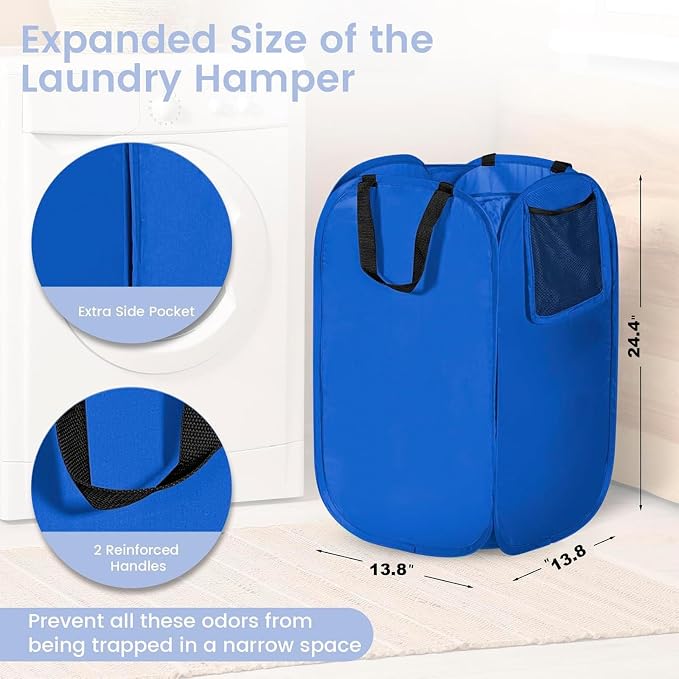 HOUSE AGAIN Upgraded Polyester Pop Up Laundry Hamper, Collapsible Laundry Baskets with Durable Handles Solid Bottom High Steel Frame and Side Pocket, Easy Open & Save space,Perfect for Storage(Blue)
