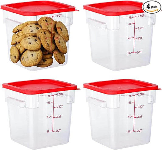 BIEAMA 4 Pack Food Storage Containers, 8 Quart with Lids, Square Commercial Containers with Scale, NSF, Polycarbonate, Clear