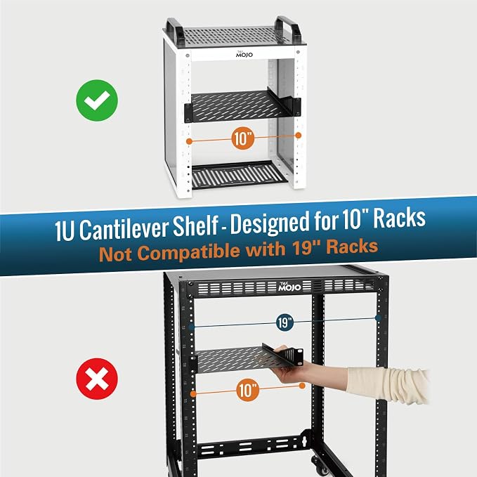Tecmojo 1U Rack Mount Shelf for 10" Server Rack, 7.87" Deep Vented Cantilever Tray, Metal Shelf for Network Cabinet, Server Enclosure, Enhanced Airflow, Black