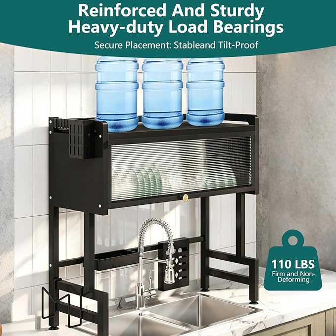 Over The Sink Dish Drying Rack, 3-Tier Carbon Steel Kitchen Storage Cabinet with Cover, 33.46" Heavy-Duty Large Capacity Dish Drain Shelf for Kitchen Sink Organization